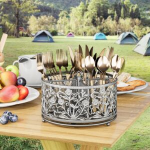 YIUKEA 360° Rotating Utensil Caddy - Silverware Cutlery Caddy Holder with 4 Compartment, Metal Flatware Organizer Countertop with Handle for Party Camping Picnic, Kitchen Counter, Office (Silver)