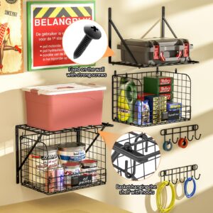 ThreeHio 2 Pack Garage Shelves Wall Mounted with Wire baskets, Heavy Duty Garage Wall Shelving with Hooks, Wire Shelf Baskets Tool Organizer for Home Garden Garage Organization and Storage