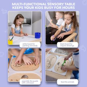 Cateam Sensory Table for Kids and Toddlers - 3 Foldable Storage Bins - Educational Wooden Puzzle Inserts - Play Sand Activity Table with Lids for Study and Dining - Indoor Gift Set for Boys and Girls