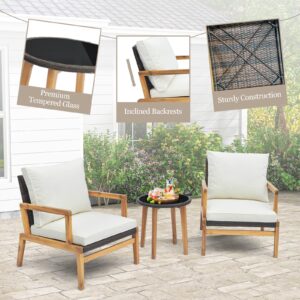 HAPPYGRILL 3 Pieces Patio Bistro Set, Wicker Acacia Wood Outdoor Furniture Set with Cushions, Tempered Glass Side Table, PE Rattan Wicker Chair with Table for Porch, Balcony, Deck