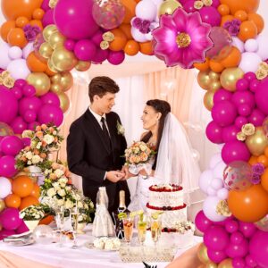 Ouddy Life 175Pcs Hot Pink and Orange Balloons Arch Garland Kit, Pink and Orange Party Decorations with Gold Balloons Foil Flowers for Women Wedding Bridal Tropical Bachelorette Birthday Decor