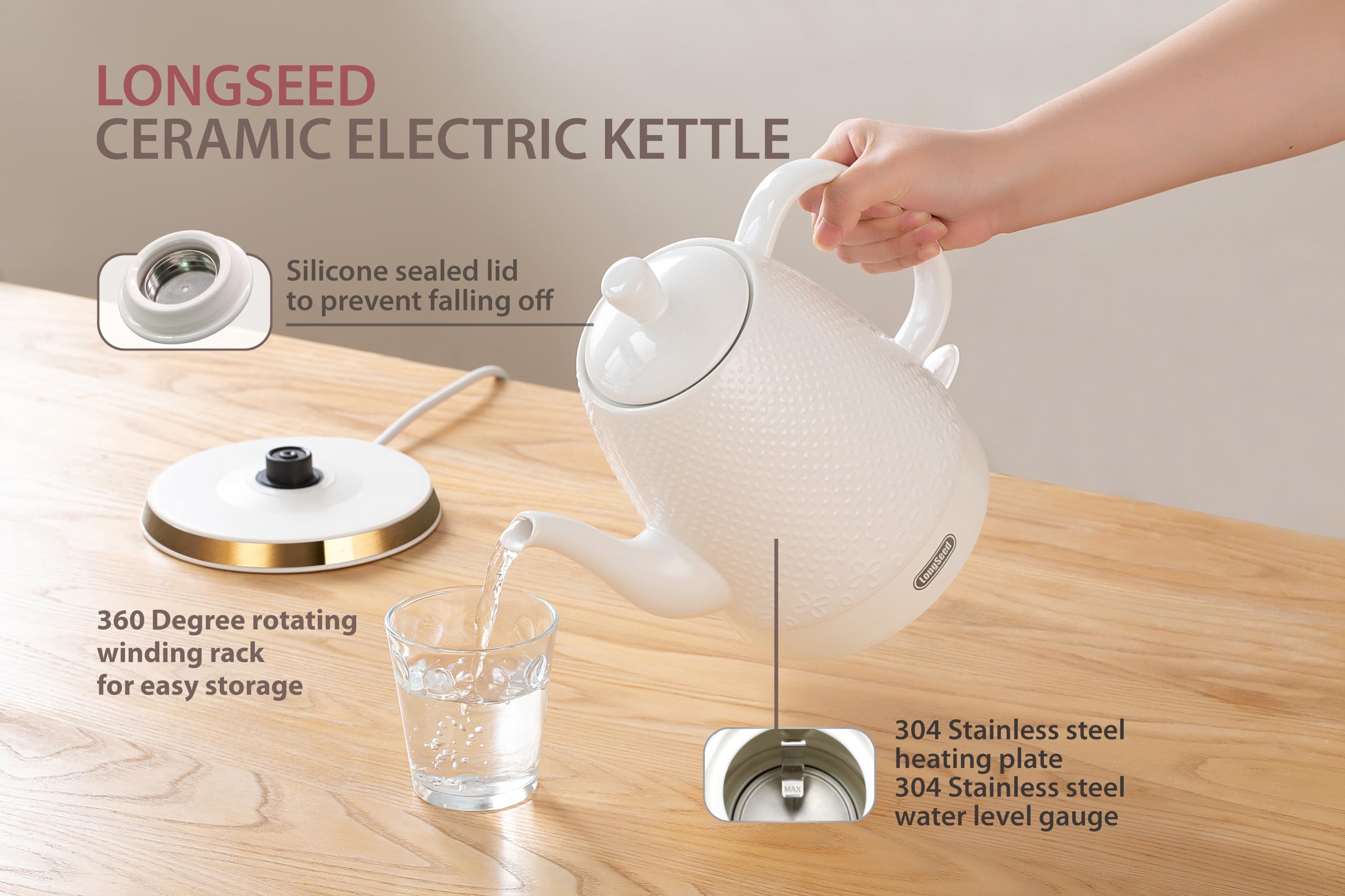 LONGSEED Ceramic Electric Kettle with Fine Mesh Infuser, 1.2L/1000W Boil Water Quickly and Easily with Boil-Dry Protection Auto Shut Off, Detachable Swivel Base, Glazed Relief Carving