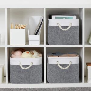 Typutomi 4 Pack Cube Storage Bins, 11x11 Inch Fabric Storage Cubes Collapsible Sturdy Linen Storage Bins Cloth Organizer Baskets with Cotton Rope Handle for Home,Office,Nursery,Toys(Grey White)