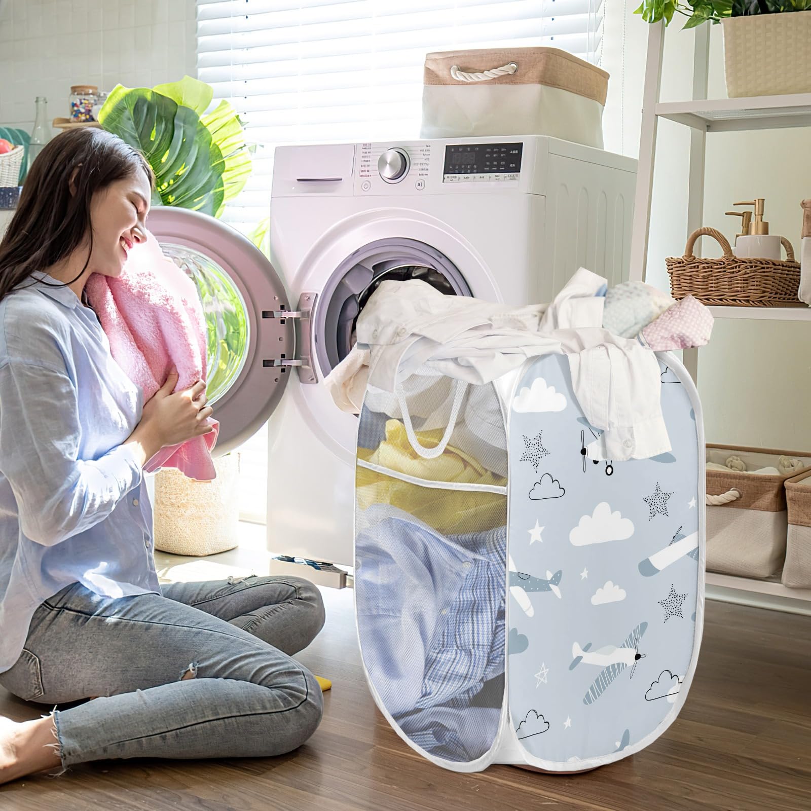 Airplane Blue Laundry Basket Hamper,Collapsible Mesh Baskets for Kids Room,Clothes, Nursery Decor