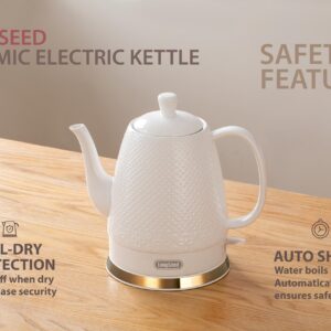 LONGSEED Ceramic Electric Kettle with Fine Mesh Infuser, 1.2L/1000W Boil Water Quickly and Easily with Boil-Dry Protection Auto Shut Off, Detachable Swivel Base, Glazed Relief Carving