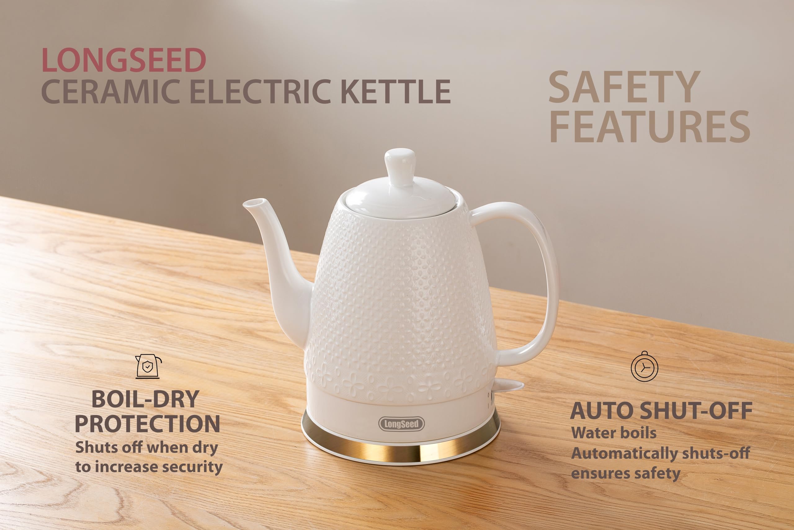 LONGSEED Ceramic Electric Kettle with Fine Mesh Infuser, 1.2L/1000W Boil Water Quickly and Easily with Boil-Dry Protection Auto Shut Off, Detachable Swivel Base, Glazed Relief Carving