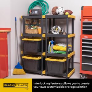 BLACK & YELLOW® 4-Tier Heavy Duty Plastic Storage Shelving Unit, 100lbs/shelf (55”H x 24”W x 20”D), for Indoor/Outdoor Organization, Modular Rack, Extremely Durable®, Made in The USA