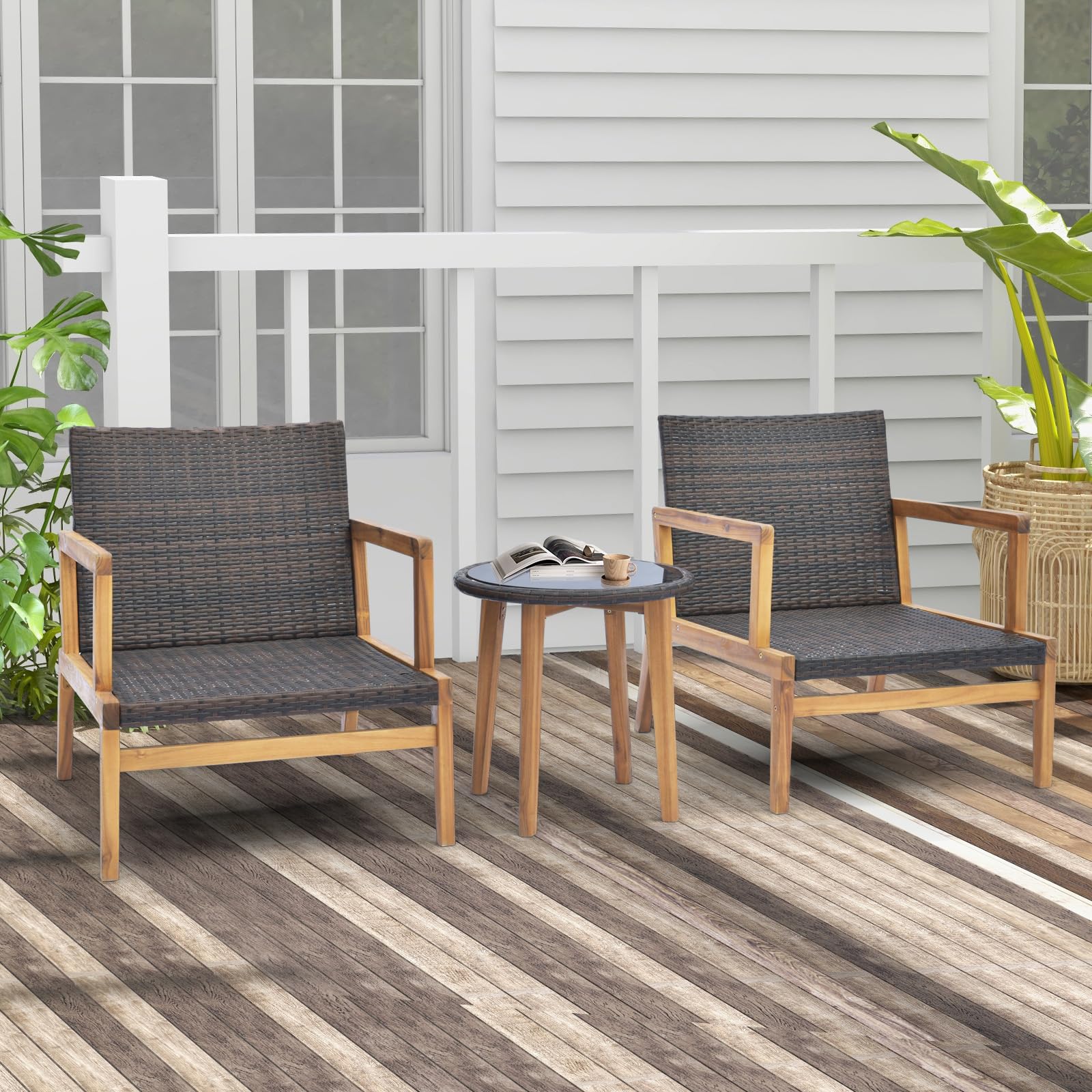 HAPPYGRILL 3 Pieces Patio Bistro Set, Wicker Acacia Wood Outdoor Furniture Set with Cushions, Tempered Glass Side Table, PE Rattan Wicker Chair with Table for Porch, Balcony, Deck