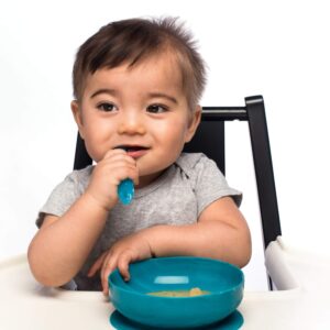 ChooMee FlexiDip Silicone Baby Learning Utensil | 4 Months + Baby Led Weaning | Flat Head Spoon with Firm Handle | Designed in USA, BPA Free, Premium Grade Platinum Silicone | 2 CT Blue Gray