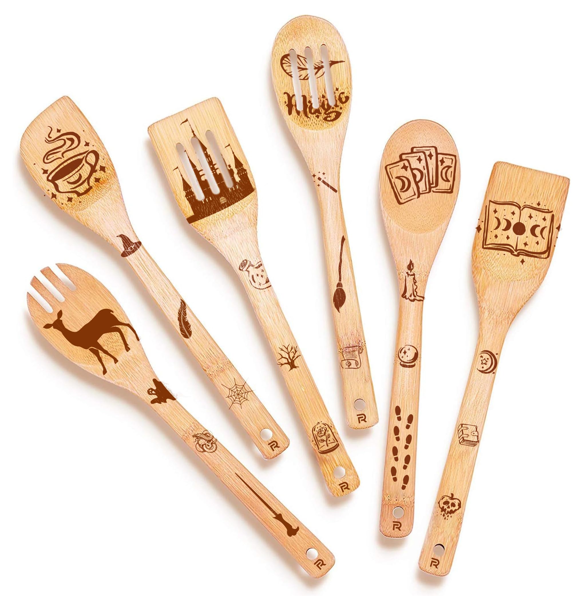 Riveira Magic Wizard Gifts Organic Wooden Spoons For Cooking Utensils Set 6-piece - Christmas Gifts For Women Kitchen Utensils Spatulas For Nonstick Cookware Gifts For Cooking Lovers