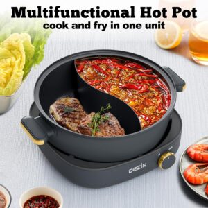 Dezin Hot Pot Electric with Divider, 4L Electric Shabu Shabu with Dual-Flavor Pot,3.7" Depth Nonstick Dual Side Electric Pot with Multi-Power Control for Party, Family and Friend Gathering