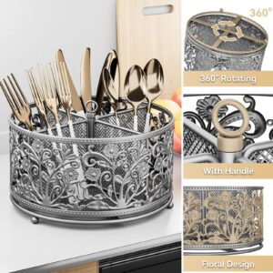 YIUKEA 360° Rotating Utensil Caddy - Silverware Cutlery Caddy Holder with 4 Compartment, Metal Flatware Organizer Countertop with Handle for Party Camping Picnic, Kitchen Counter, Office (Silver)