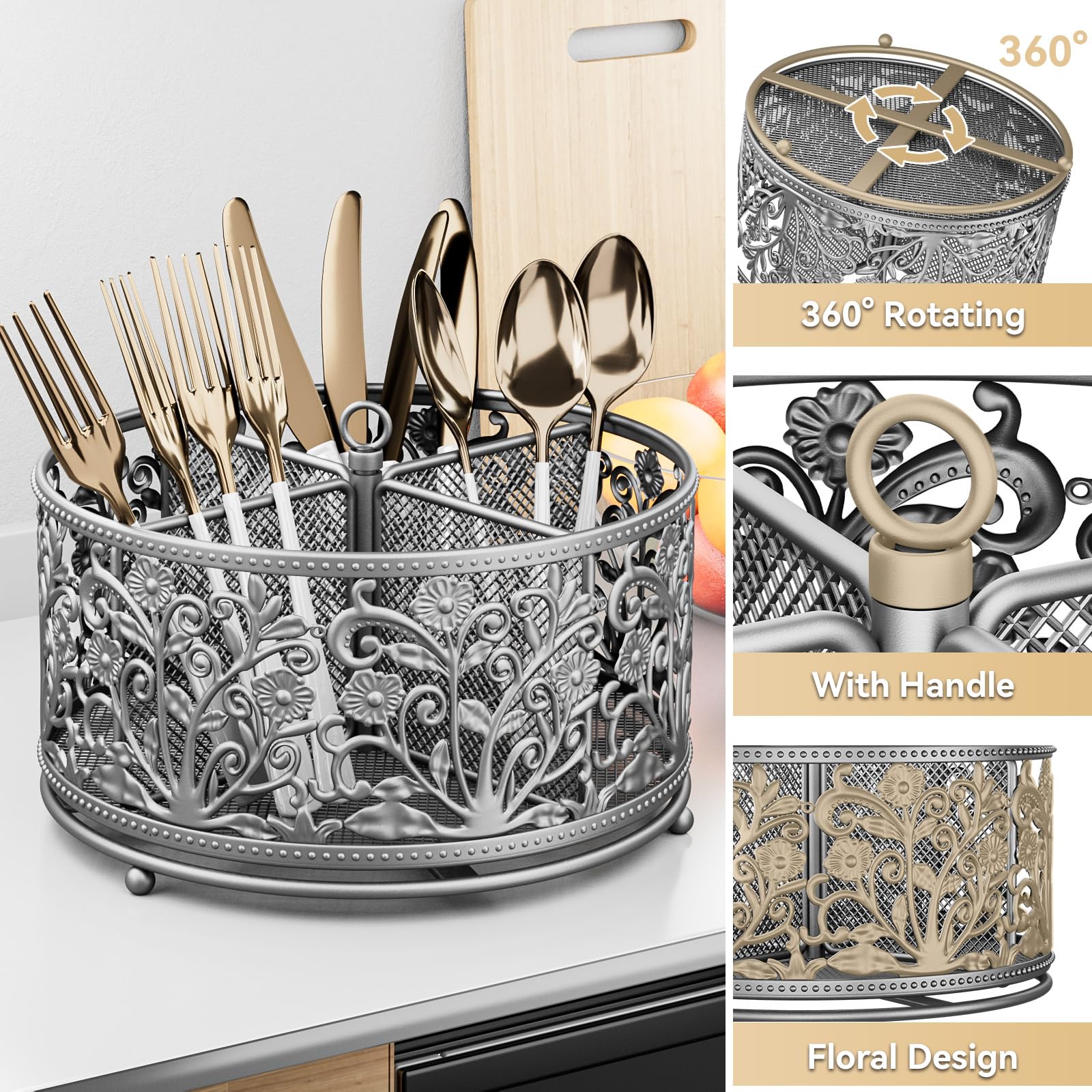 YIUKEA 360° Rotating Utensil Caddy - Silverware Cutlery Caddy Holder with 4 Compartment, Metal Flatware Organizer Countertop with Handle for Party Camping Picnic, Kitchen Counter, Office (Silver)