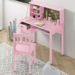 Mjkone Kids Table & Chair Set, Living and Learning Kids' Desk with Hutch and Chair Set, Children’s Desk with 2 Drawers for Storage, Students' Study Computer Workstation with Multiple Cubbies, Pink