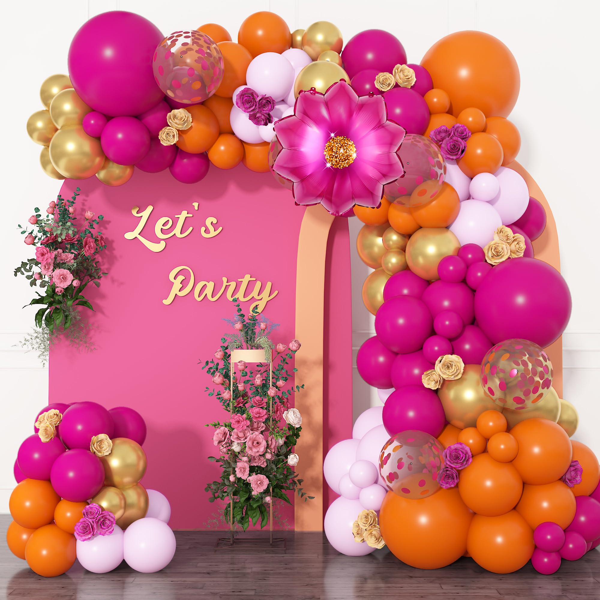 Ouddy Life 175Pcs Hot Pink and Orange Balloons Arch Garland Kit, Pink and Orange Party Decorations with Gold Balloons Foil Flowers for Women Wedding Bridal Tropical Bachelorette Birthday Decor