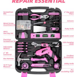 143 Pcs Pink Homeowner Tool Set with 3.6V Cordless Screwdriver General Household Hand Tool Kit with Plastic Tool box Storage Case for Women,Men