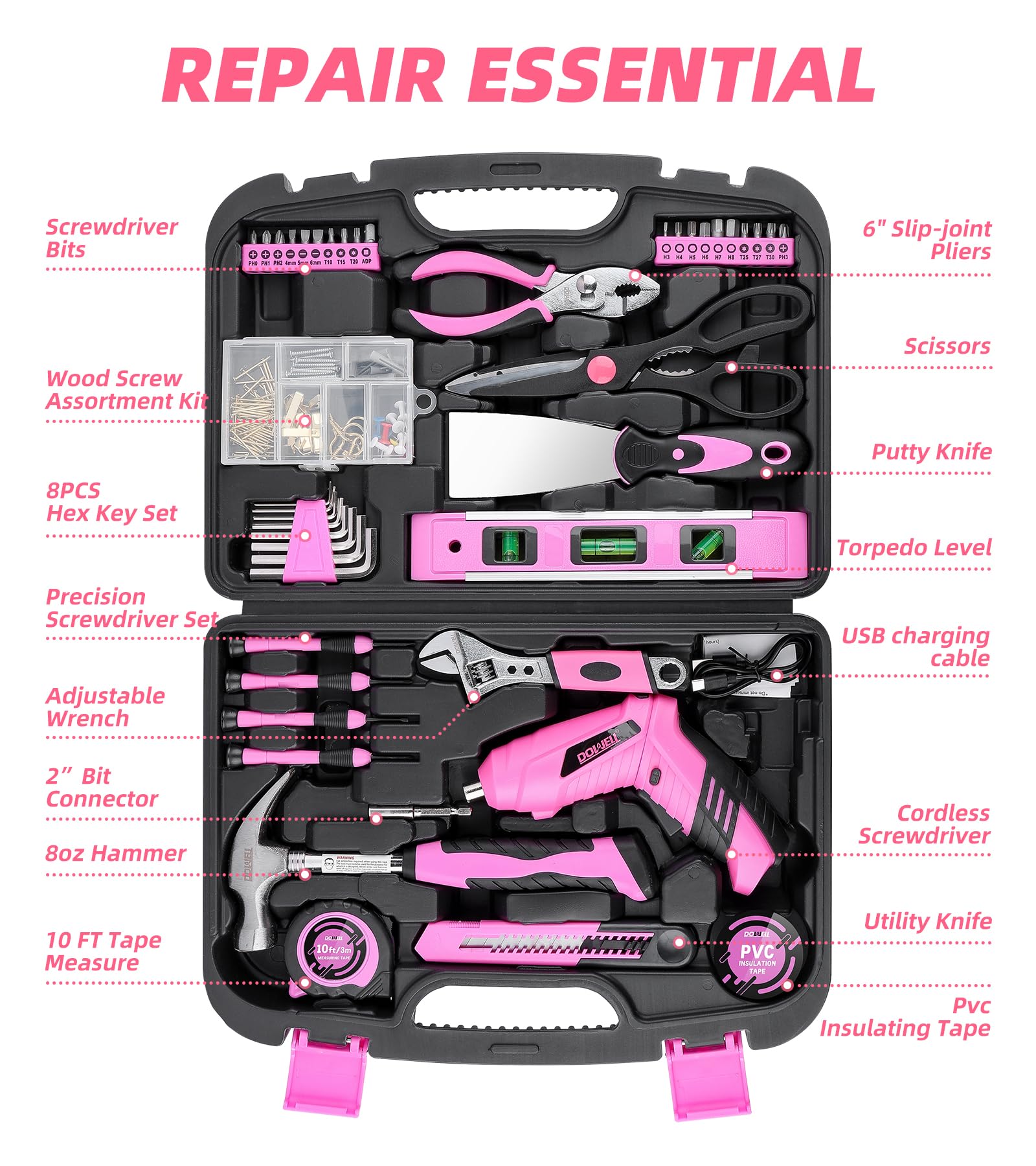 143 Pcs Pink Homeowner Tool Set with 3.6V Cordless Screwdriver General Household Hand Tool Kit with Plastic Tool box Storage Case for Women,Men