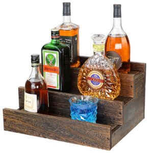 ertiuanio 3 step real wood countertop liquor bottle display shelf, 12 bottle freestanding bar shelves with fences, home retro wine rack storage organizer, whiskey coffee syrup display stand