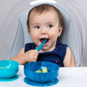 ChooMee FlexiDip Silicone Baby Learning Utensil | 4 Months + Baby Led Weaning | Flat Head Spoon with Firm Handle | Designed in USA, BPA Free, Premium Grade Platinum Silicone | 2 CT Blue Gray