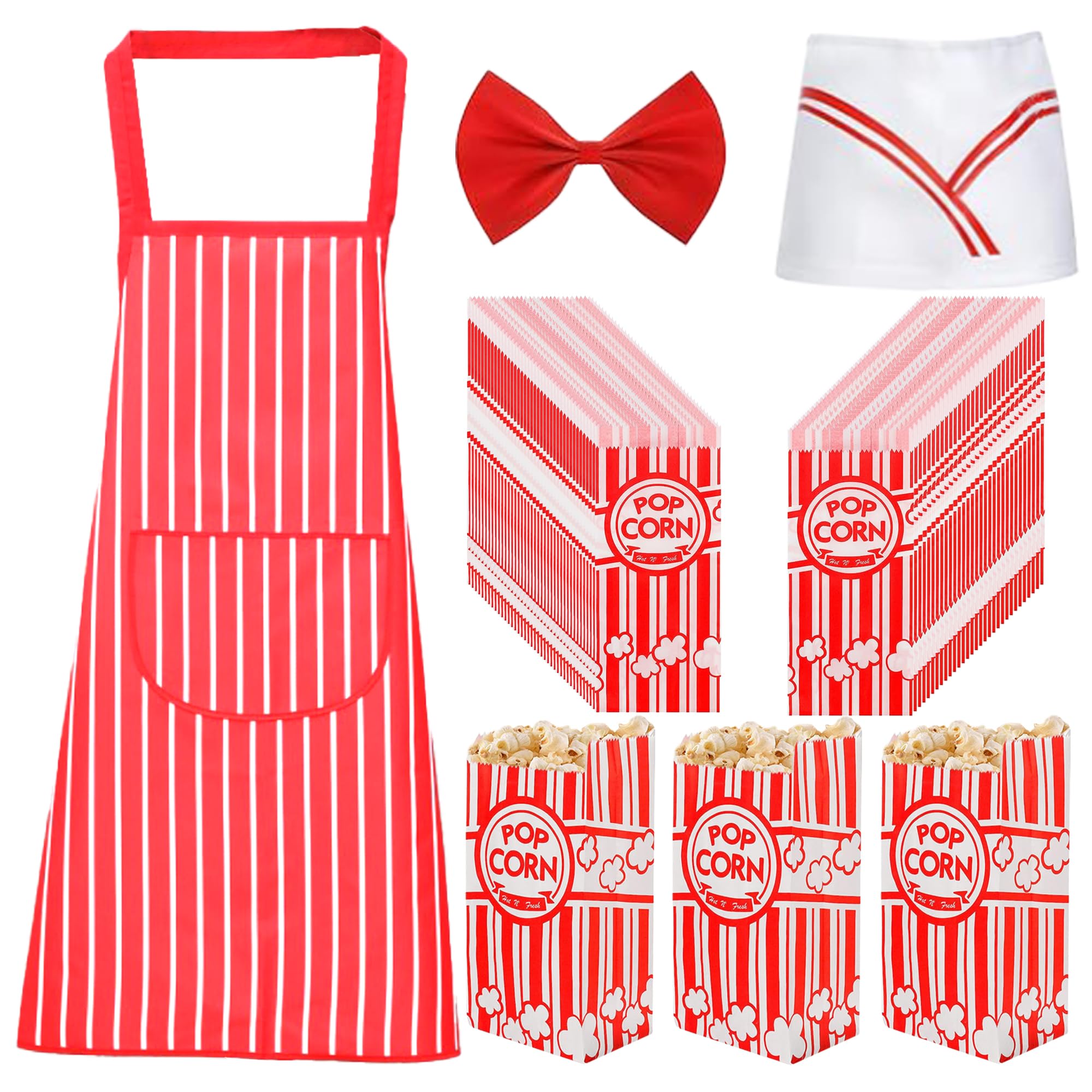 MENJITO 200 Pieces Paper Popcorn Bags and Popcorn Red White Striped Apron with Chef Hat and Bow Tie | 200 pcs Food Grade Popcorn Bags for Movie Night & Birthday Party