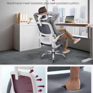 VASAGLE Office Chair, Ergonomic Design, Lumbar Support, High Back Desk Chair, Mesh Computer Chair, Foldable Armrests, Adjustable Headrest, Tilt Function, for Home Office, Dove Gray UOBN040G21