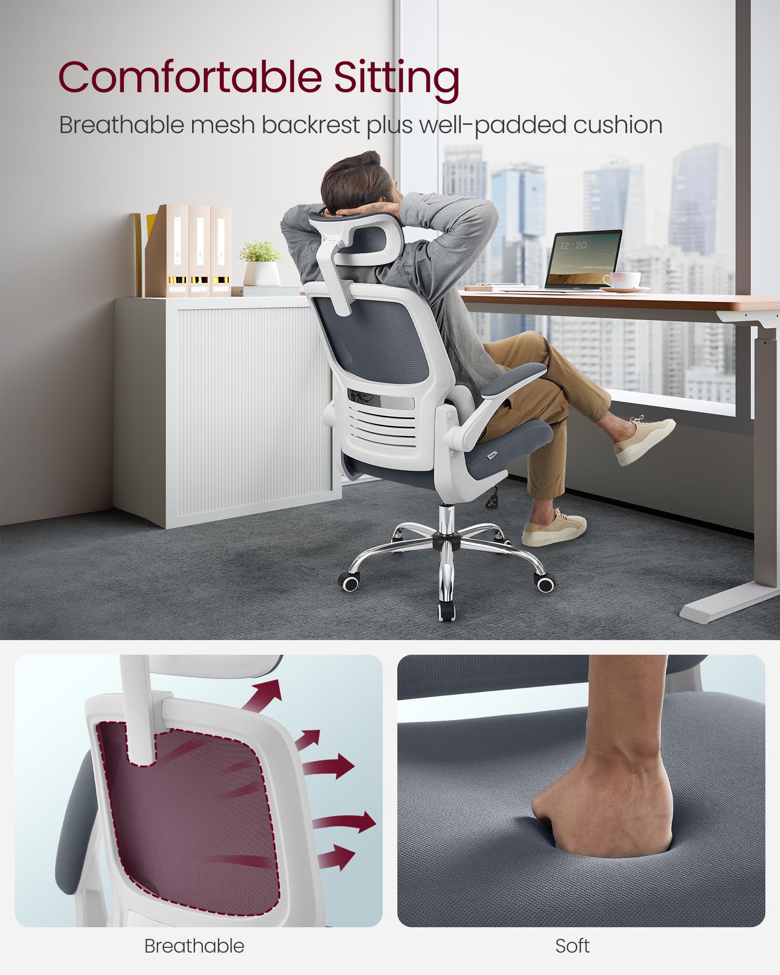 VASAGLE Office Chair, Ergonomic Design, Lumbar Support, High Back Desk Chair, Mesh Computer Chair, Foldable Armrests, Adjustable Headrest, Tilt Function, for Home Office, Dove Gray UOBN040G21