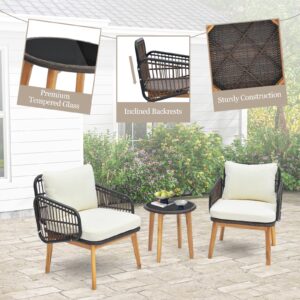 HAPPYGRILL 3 Pieces Acacia Wood Patio Bistro Set, Wicker Outdoor Furniture Set with Cushioned Chairs and Tempered Glass Side Table, PE Rattan Wicker Chair with Table for Porch, Balcony, Deck