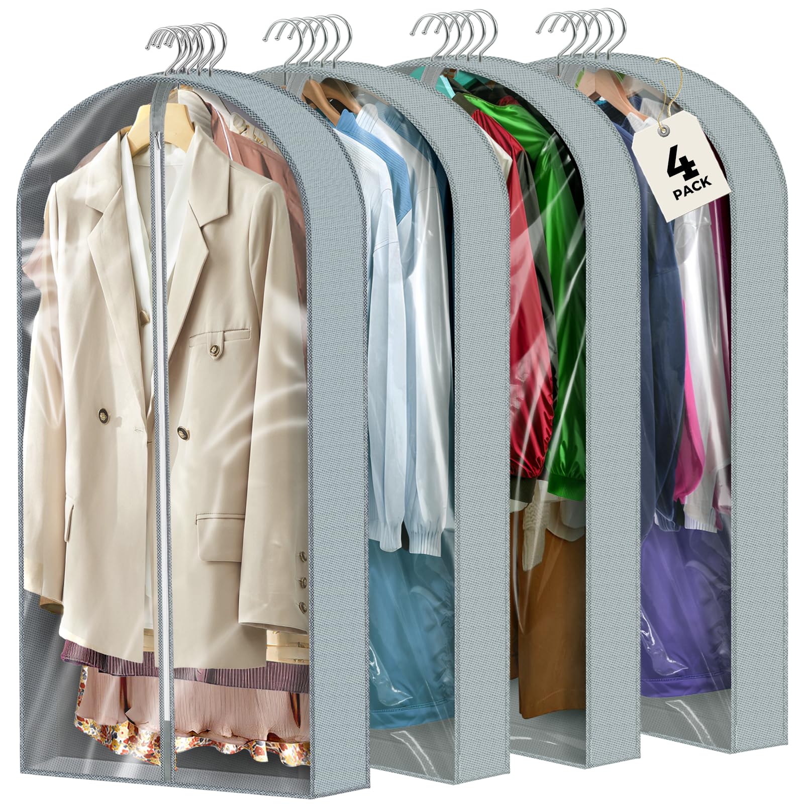 4 pack 40" Clear Garment Bags for Hanging Clothes, Suit Bags for Closet Storage, Clothing Storage, Garment Bags for Travel Covers with 4" Gussets for Coats, Shirts, Jackets, Sweater