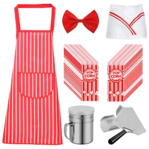 menjito 200 pcs popcorn bags with popcorn scoop & salt shaker and popcorn red white striped apron with chef hat and bow tie | 200 pcs food grade popcorn bags for movie night & birthday party