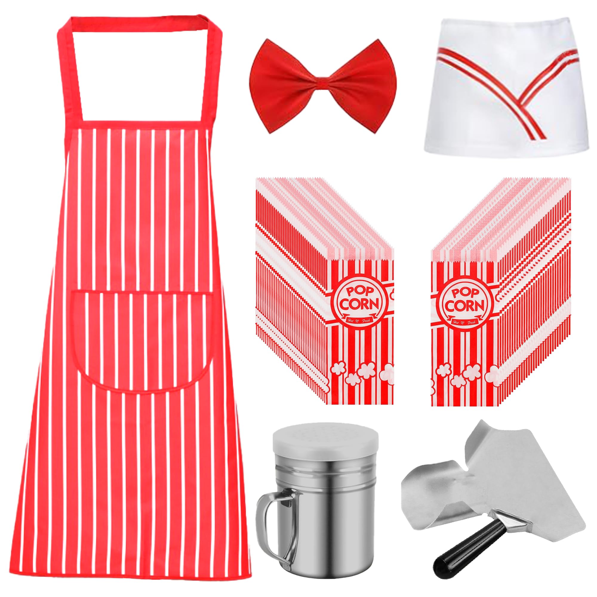 MENJITO 200 Pcs Popcorn Bags with Popcorn Scoop & Salt Shaker and Popcorn Red White Striped Apron with Chef Hat and Bow Tie | 200 pcs Food Grade Popcorn Bags for Movie Night & Birthday Party