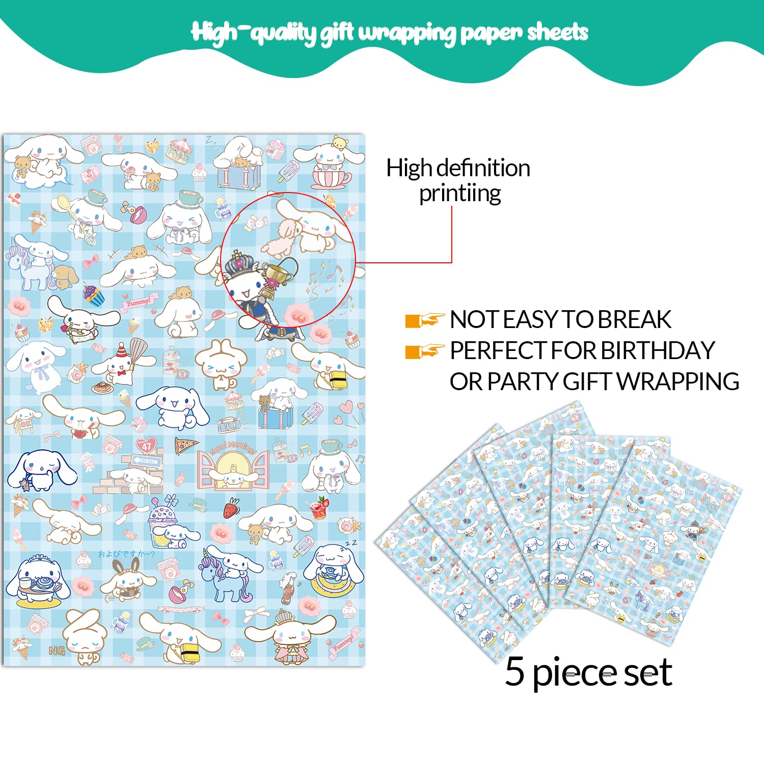 EYQQM Pack of 5 CINNAMOROLL Gift Wrapping Paper 20" x 30" Kraft Paper Sheets Quality Kitty Birthday Wrapping Paper Set for Kids, Party Storage Festive Decoration (Blue Puppy)