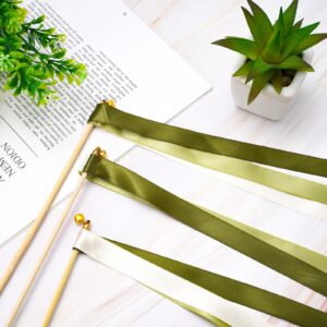 Whaline 40Pcs Wedding Ribbon Sticks with Bells White Sage Green Streamers Fairy Stick Wands Ribbon Tassel Wands for Baby Shower Send Off Party Activities Holiday Celebration Supplies