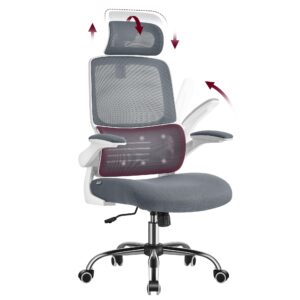 vasagle office chair, ergonomic design, lumbar support, high back desk chair, mesh computer chair, foldable armrests, adjustable headrest, tilt function, for home office, dove gray uobn040g21