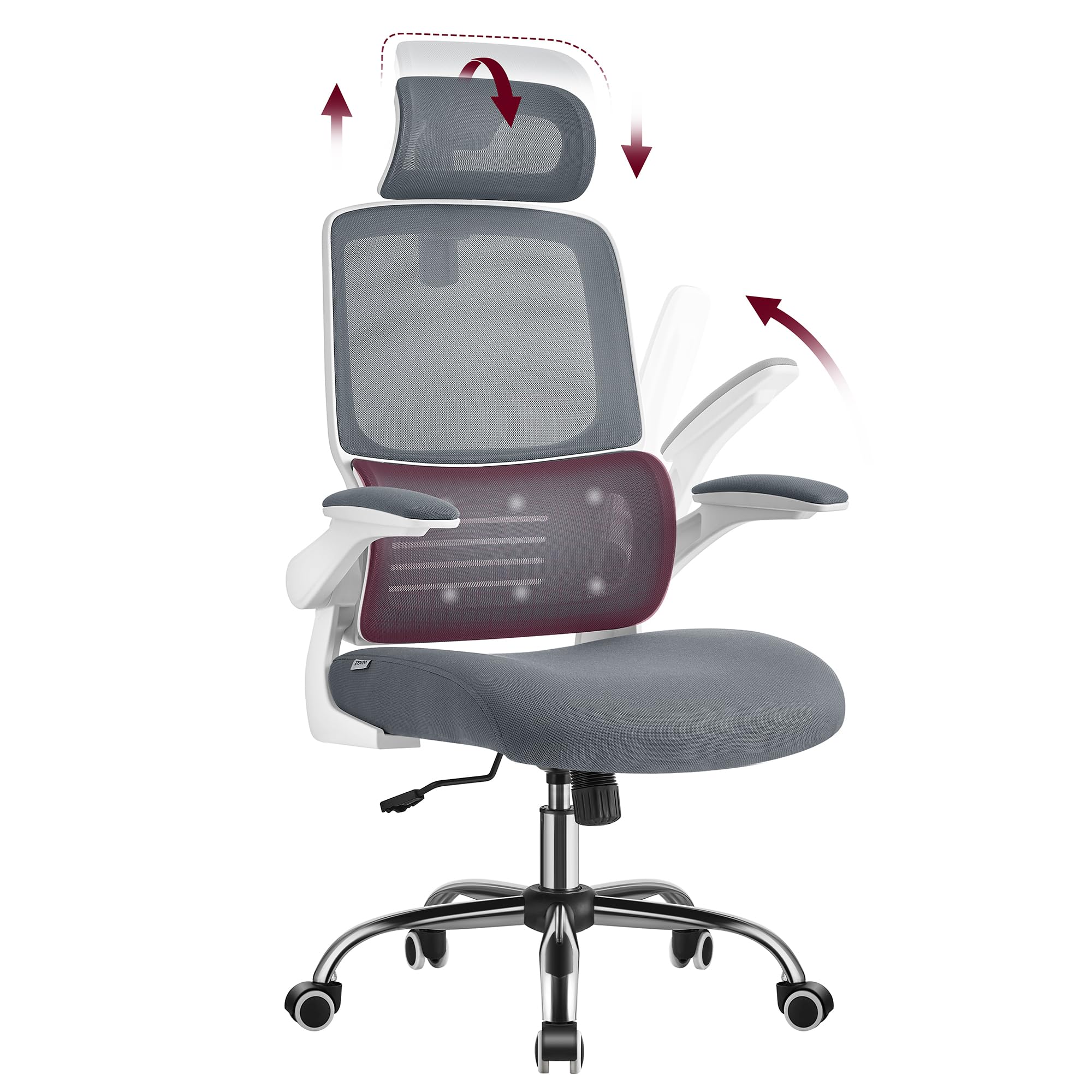 VASAGLE Office Chair, Ergonomic Design, Lumbar Support, High Back Desk Chair, Mesh Computer Chair, Foldable Armrests, Adjustable Headrest, Tilt Function, for Home Office, Dove Gray UOBN040G21