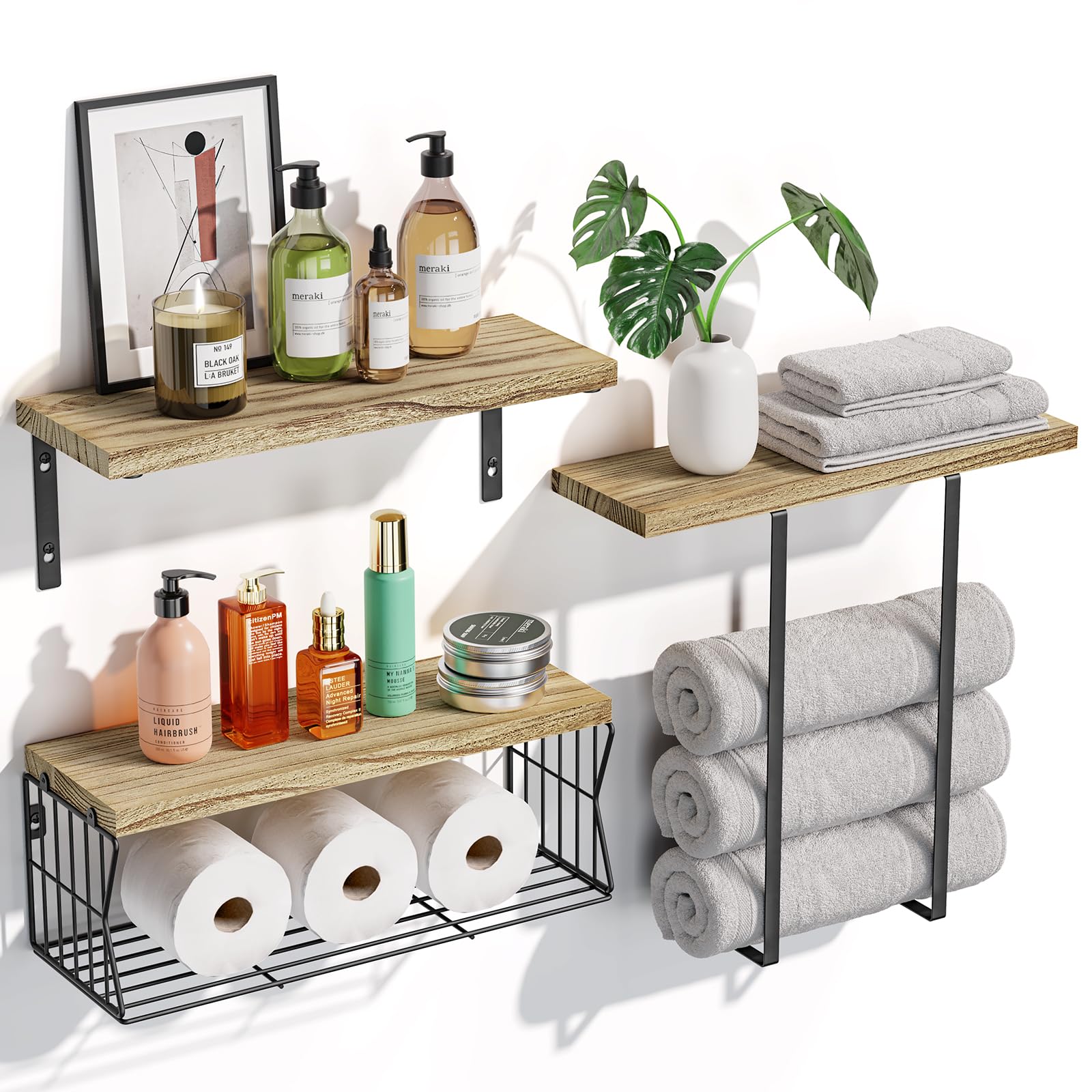 HAMITOR Floating Shelves Wall Mounted Over Toilet: Bathroom Shelf with Towel Rack Paper Holder Storage - Rustic Wood Farmhouse Shelves for Wall Decor/Bathroom