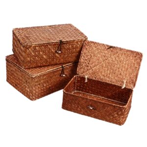 luxshiny 3pcs woven storage baskets with lids shelves basket organizer pantry organizer baskets storage container basket for home(brown)