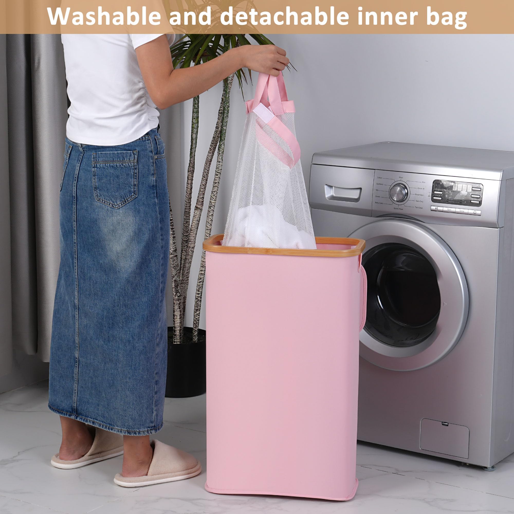 iEGrow Slim Laundry Hamper, Narrow Laundry Basket with Lid,Foldable Clothes Hamper with Bamboo Handles,Hamper Basket with Removable Inner Bag for Laundry Room Bedroom College Dorm,60L Pink