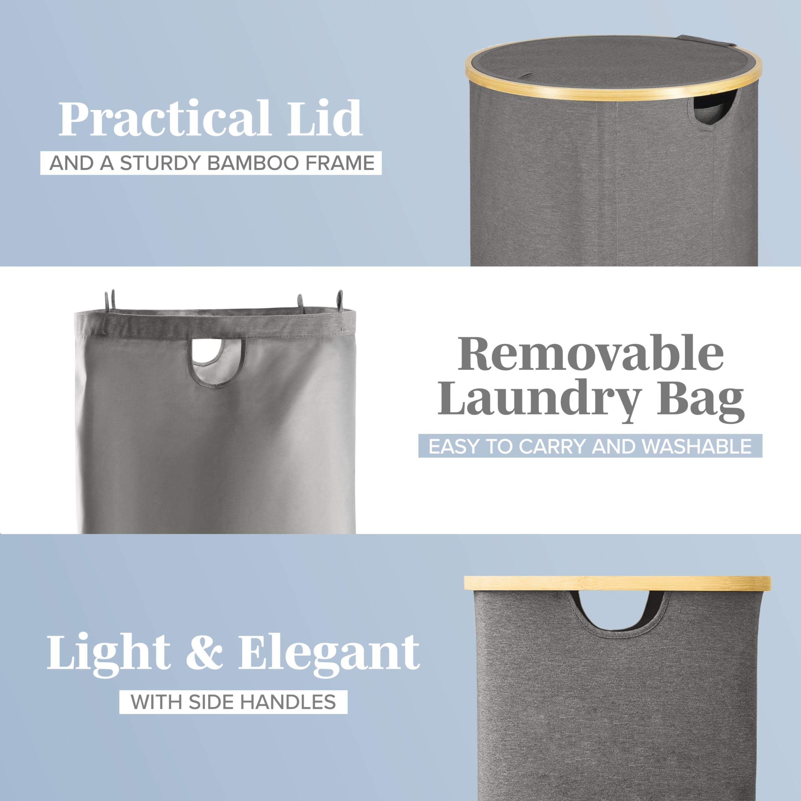 Lonbet - Grey Circular Laundry Baskets with Lid & and Inner Bag - XL 100 Litres - Large Washing Baskets for Laundry with Handles - Laundry Baskets for Bedrooms - Bamboo Bathroom Bin