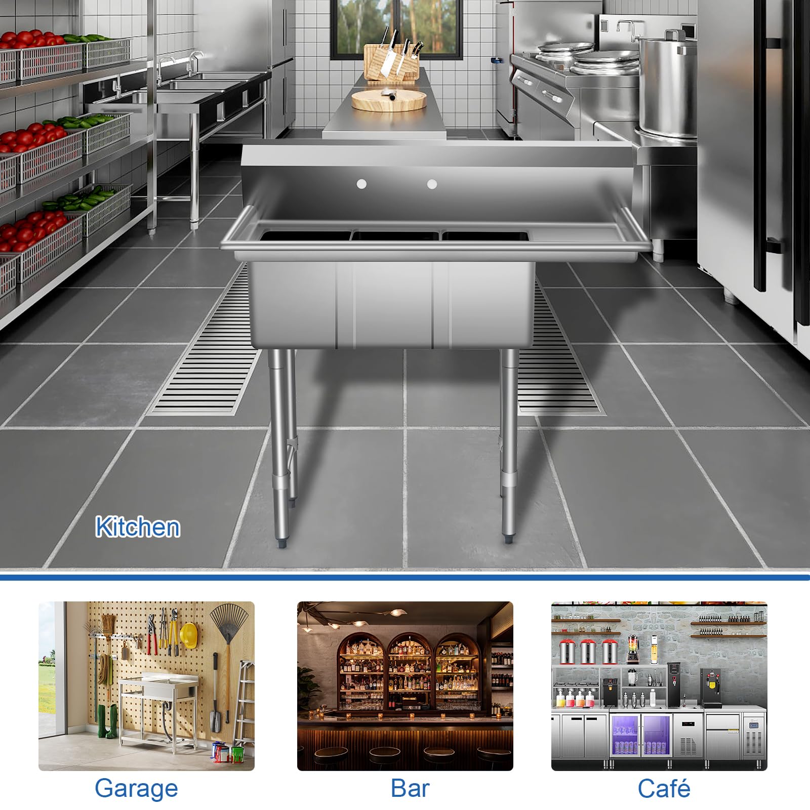 HARDURA Stainless Steel Kitchen Sink With 3 Compartments, Commercial Sink Right Drainboard Freestanding NSF Certified Utility Basin 10" L X 14" W X 10" D Bowl For Kitchen & Restaurant, Laundry Room