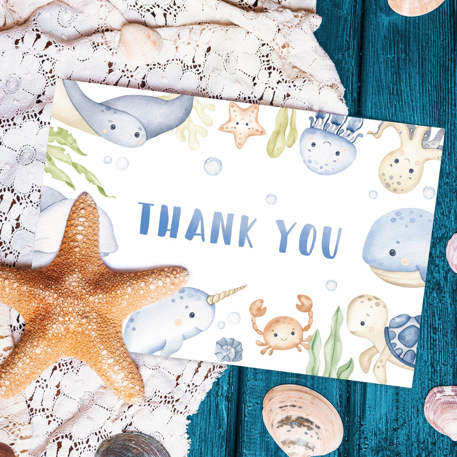 Whaline 24Pcs Under the Sea Thank You Cards Watercolor Marine Animals Theme Greeting Cards with Envelope Stickers Cartoon Blank Note Cards for Birthday Wedding Baby Shower, 4 x 6 Inch