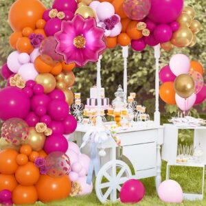 Ouddy Life 175Pcs Hot Pink and Orange Balloons Arch Garland Kit, Pink and Orange Party Decorations with Gold Balloons Foil Flowers for Women Wedding Bridal Tropical Bachelorette Birthday Decor