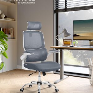 VASAGLE Office Chair, Ergonomic Design, Lumbar Support, High Back Desk Chair, Mesh Computer Chair, Foldable Armrests, Adjustable Headrest, Tilt Function, for Home Office, Dove Gray UOBN040G21