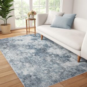 deerly 3x5 washable bedroom rug indoor non-slip, modern abstract area rug, 3x5 washable bathroom carpet for front door entrance kitchen laundry room bath office, blue/grey/white