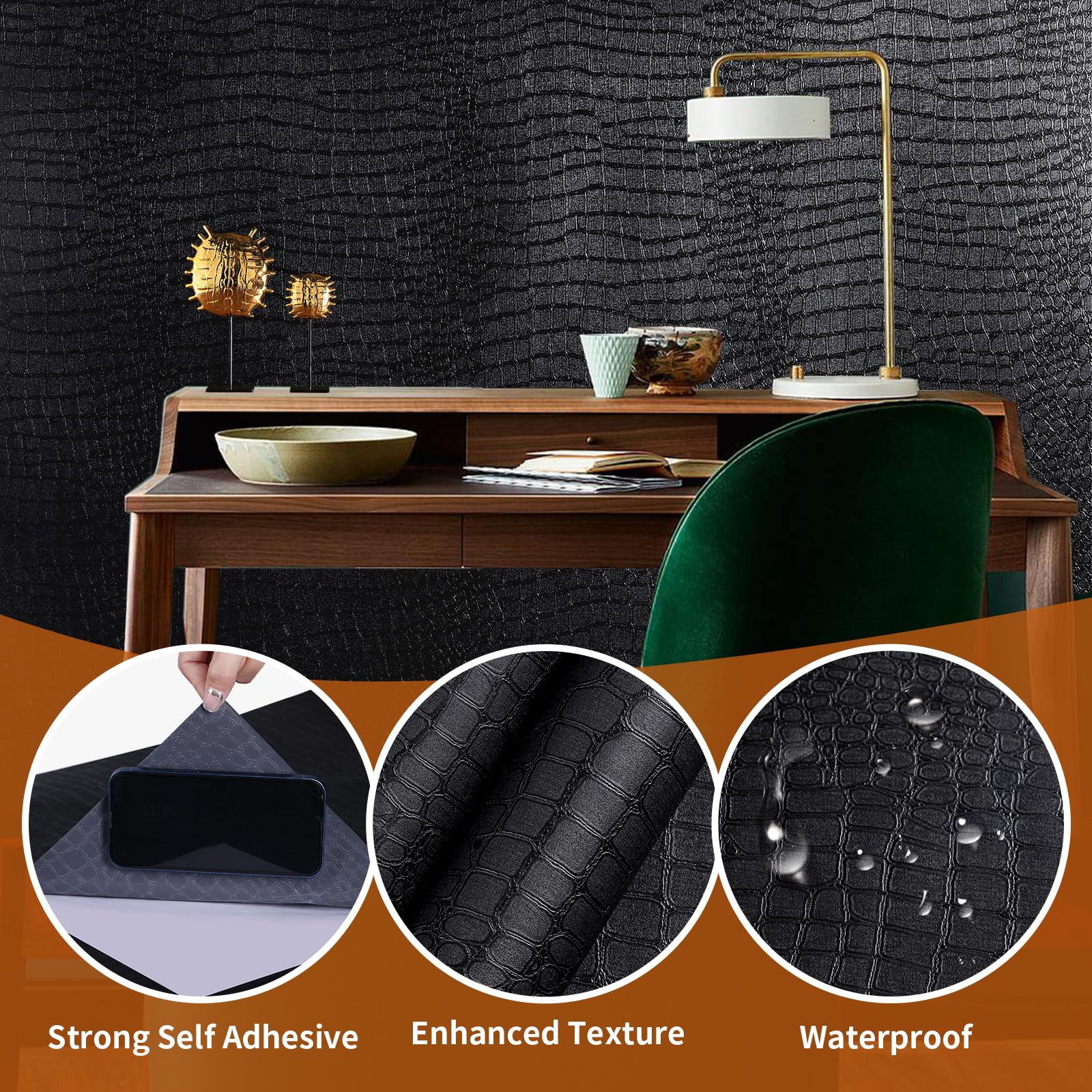 Kimhan Black Peel and Stick Wallpaper Removable Crocodile Wallpaper Self Adhesive Embossed Easy Peel Off Wallpaper Contact Paper Textured Wallpaper for Cabinet Bedroom 15.7" X 78.7"