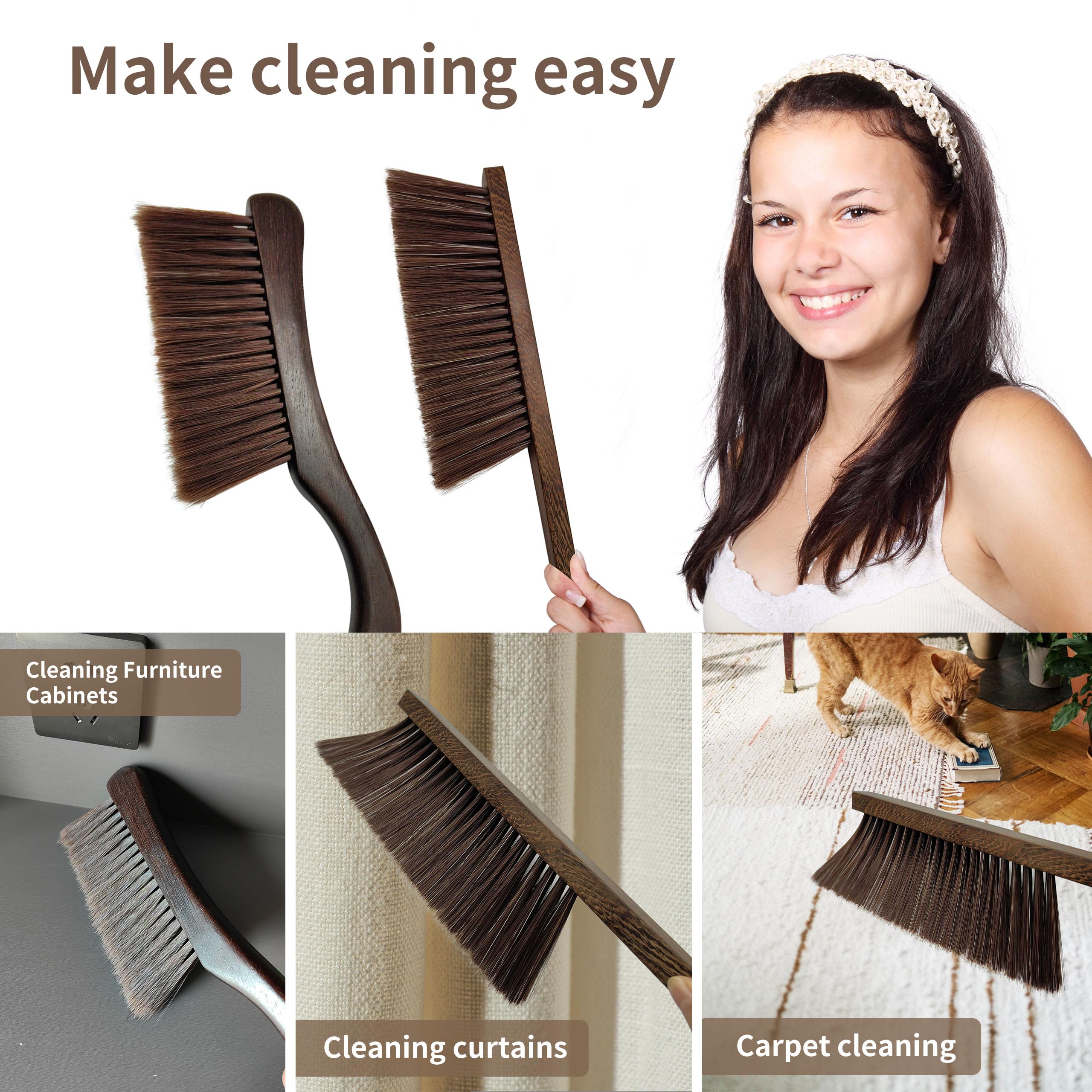 2 Pcs Wooden Hand Broom Brush, Dust Bench Brush Whisk Broom Soft Bristle Brush for Car Bed Furniture Clothes Couch Draft Sofa Fireplace Clothes Household Cleaning with Long Wood Handle(Brown)