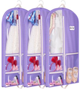 misslo dance garment bags for dancers 40" hanging dance costume garment bag kids garment bags with 3 zippered pockets storage for girls competition, travel, 3 packs, purple