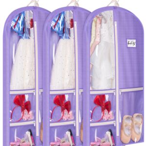 MISSLO Dance Garment Bags for Dancers 40" Hanging Dance Costume Garment Bag Kids Garment Bags with 3 Zippered Pockets Storage for Girls Competition, Travel, 3 Packs, Purple