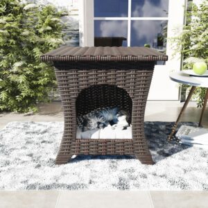 gardenbee patio end table, wicker side table and cat bed with a cushion for cats, hand-woven pe wicker and thick cushion