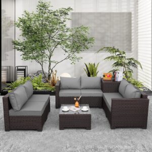 Wicker Patio Furniture 6 Pieces Outdoor Sectional Sofa Patio Conversation Sets Patio Loveseat Outdoor Sofa with Patio Storage Box and Non-Slip Grey Cushions