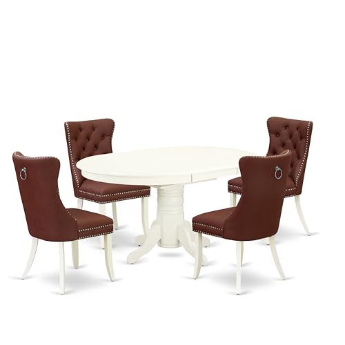 East West Furniture AVDA5-LWH-26 5 Piece Dining Room Furniture Set Consists of an Oval Dining Table with Butterfly Leaf and 4 Upholstered Chairs, 42x60 Inch, linen white